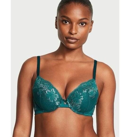 Victoria's Secret Black Ivy Lace Perfect Shape Push-Up Bra Emerald Green Gold - Picture 1 of 8